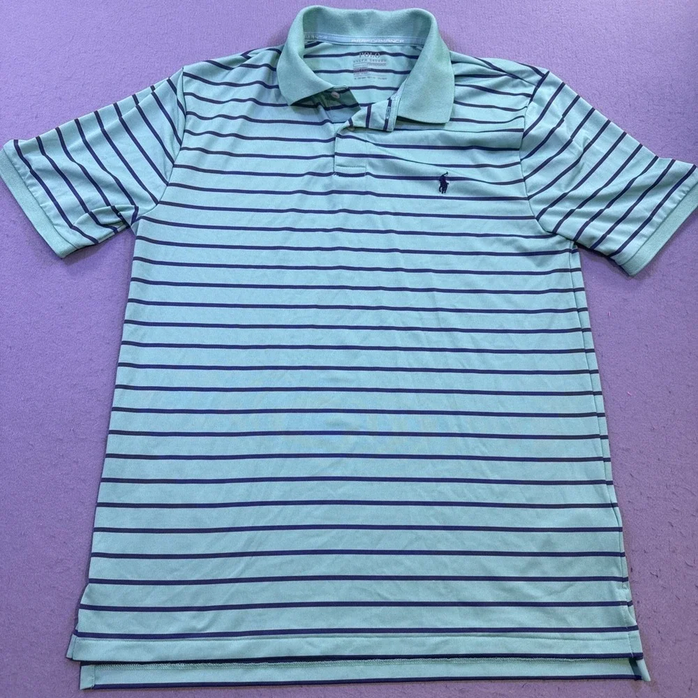 Polo Ralph Lauren POLO SHIRT Performance Boys XL GRN NAVY STRIPE Short Sleeve